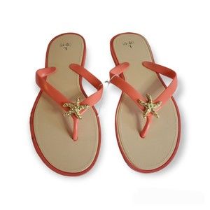 𝅺Bobbie and brooks CORAL with gold starfish sandals flip flop size L (10-11)